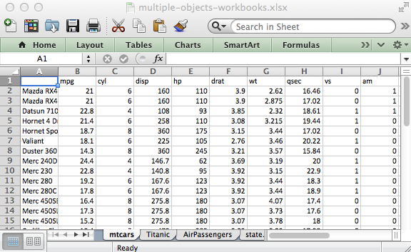 Read and write excel file using R, multiple objects in the same Excel workbook