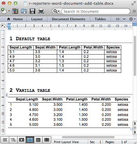 R software and Reporters package, add table to a Word document